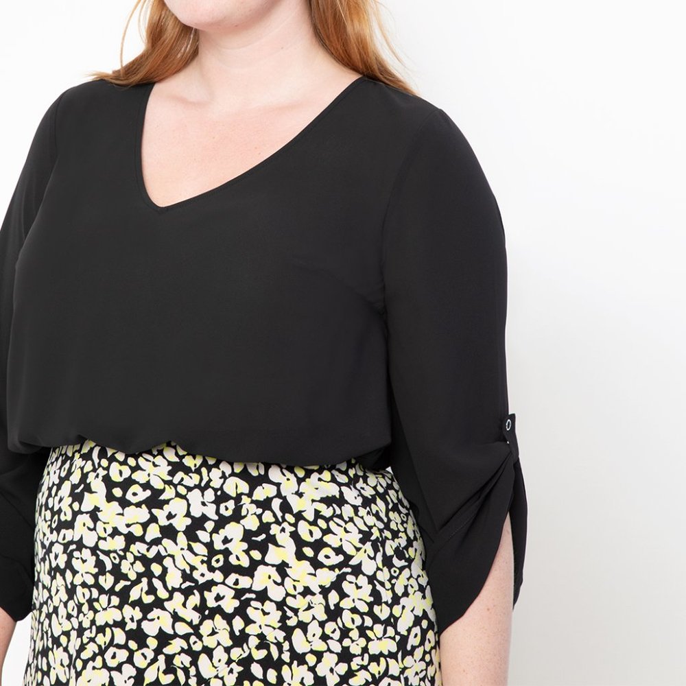 Eloquii V Neck Blouse with Button Sleeve